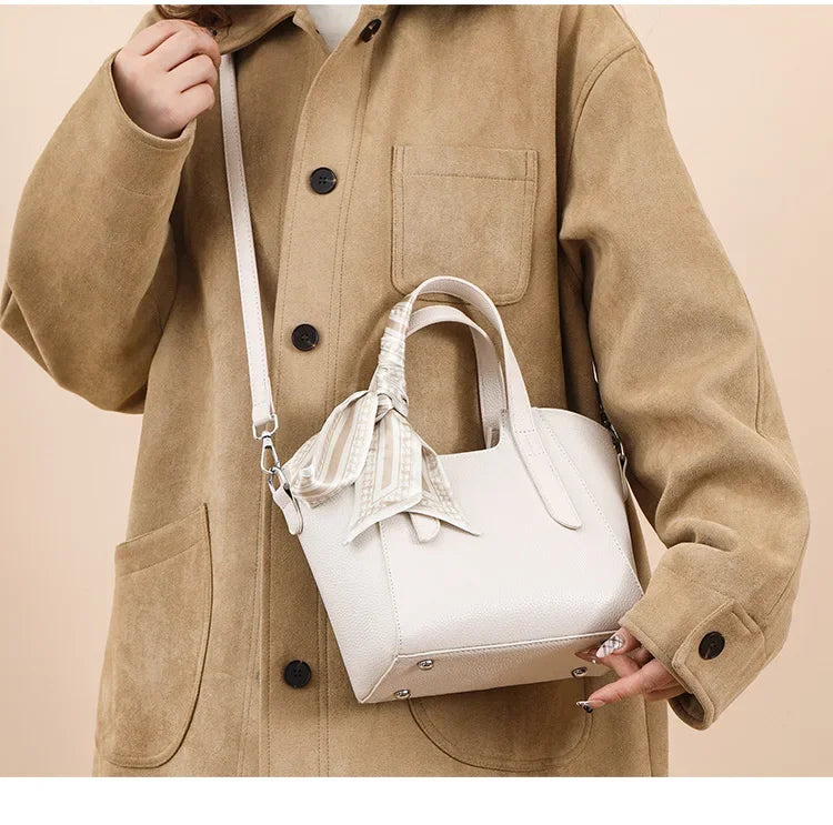 Pure Leather Cowhide Single Shoulder Crossbody Bag Ladies Handbag Fashion Bucket Bag Simple Basket Comes with Scarf