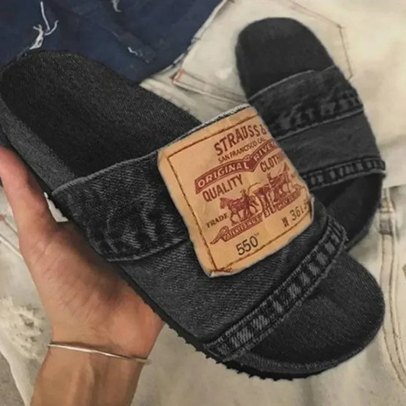 Women's Shoes Summer Shoes Women's Slippers Outdoor Solid Color Denim Open Toe Low Heel Large Size Casual Slippers