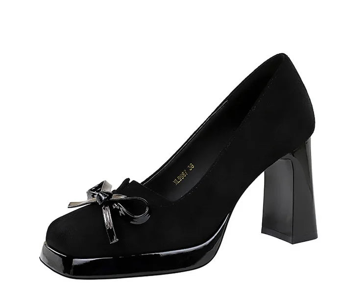 Chunky Block Heels Women Pumps Bow Decoration High Heels Square Headed Platform High Heels Suede Ladies Shoes
