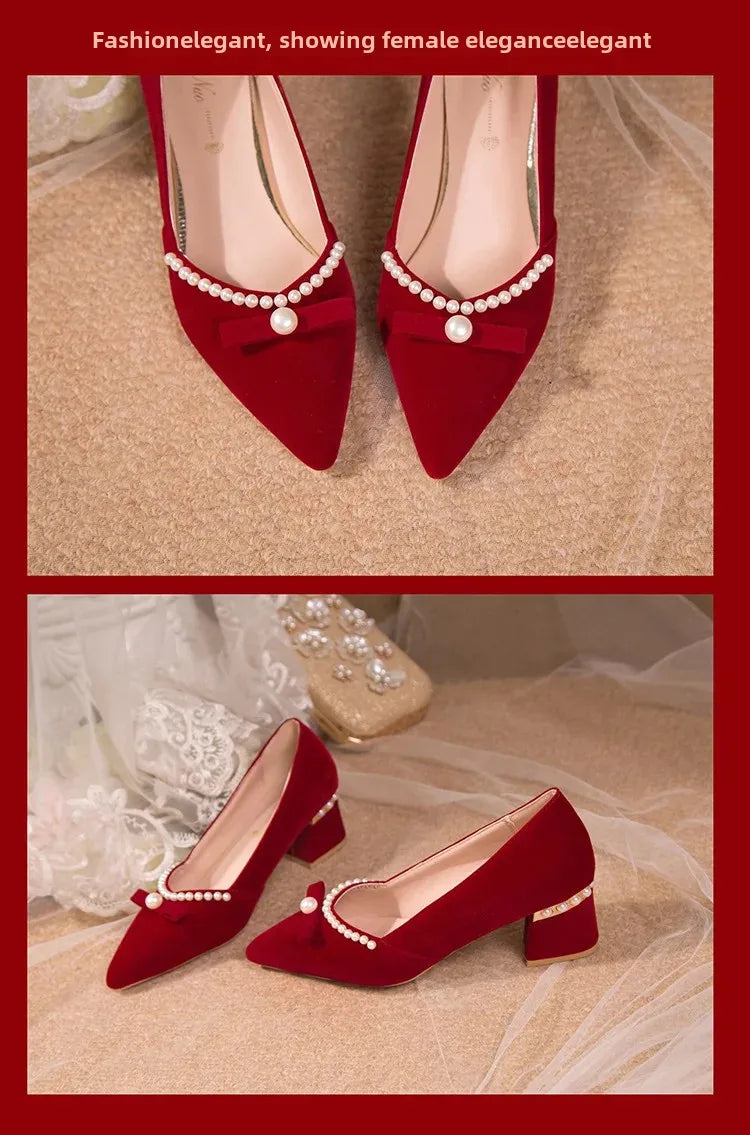 Women's Chunky Heel Pointed Toe Slip-On Shoes Wedding Dress Two-Way Wear Pearl Red Bridal Shoes Spring Autumn New Style