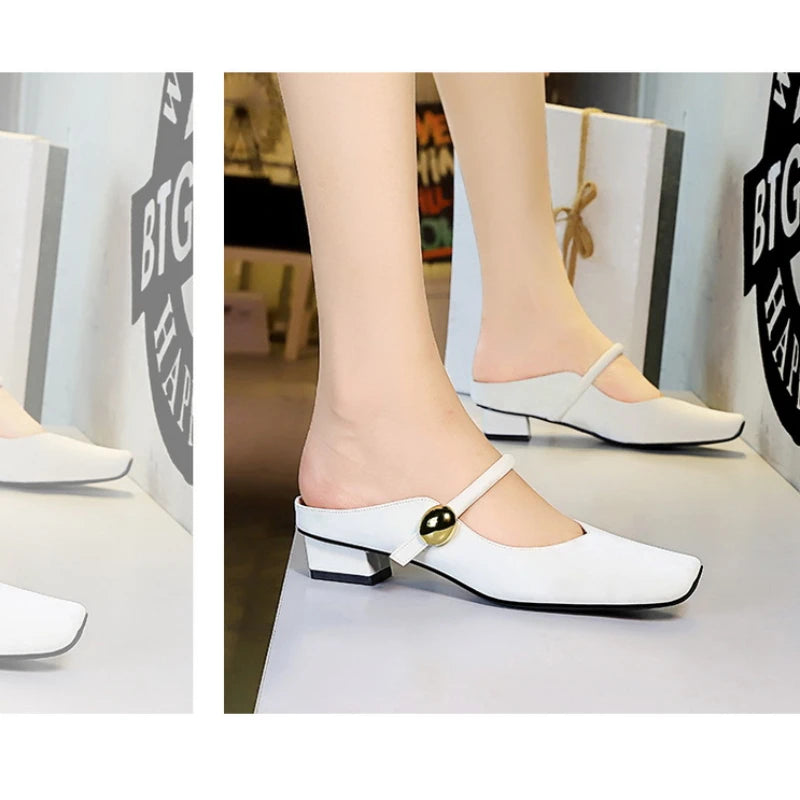 European Style Light-Mouthed Half-Slippers Women Wearing Thick Heels And Square-Toe Mary Jane Shoes One-Strap