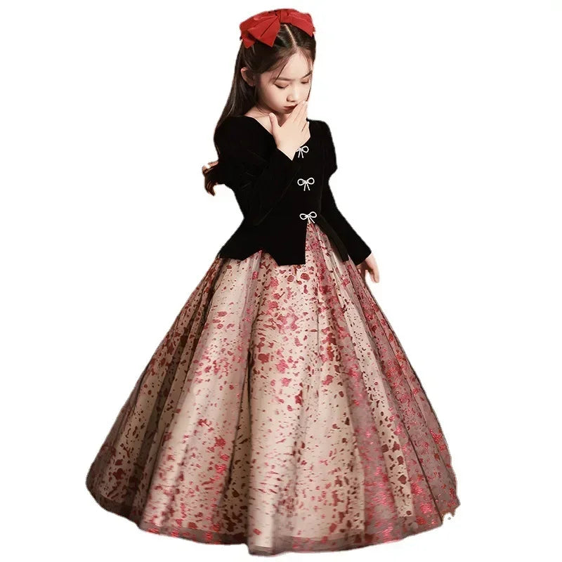 Girls Satin Mesh Tutu long Gown Children French Bubble Sleeve Princess Dress Christmas Prom Dress Birthday New Year Gift 3-15Y Natalia Home Fashion Natalia Home Fashion
