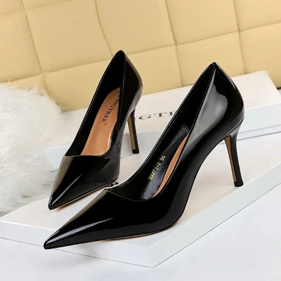 Women High Heels Scar pins Pumps Lady Glossy Leather Fetish Wedding Bridal Mid Low Heels Office Shoes