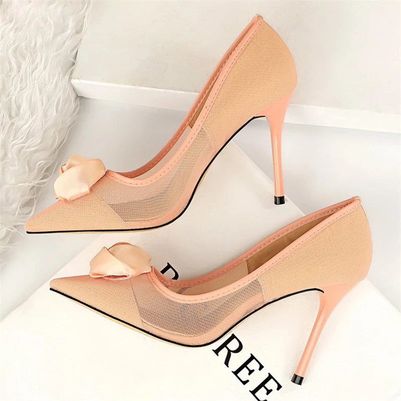 Women's Sexy Nightclub Pole Dancing Show Thin Heels High Mesh Hollowed Out Satin Rose Flower Woman Pumps
