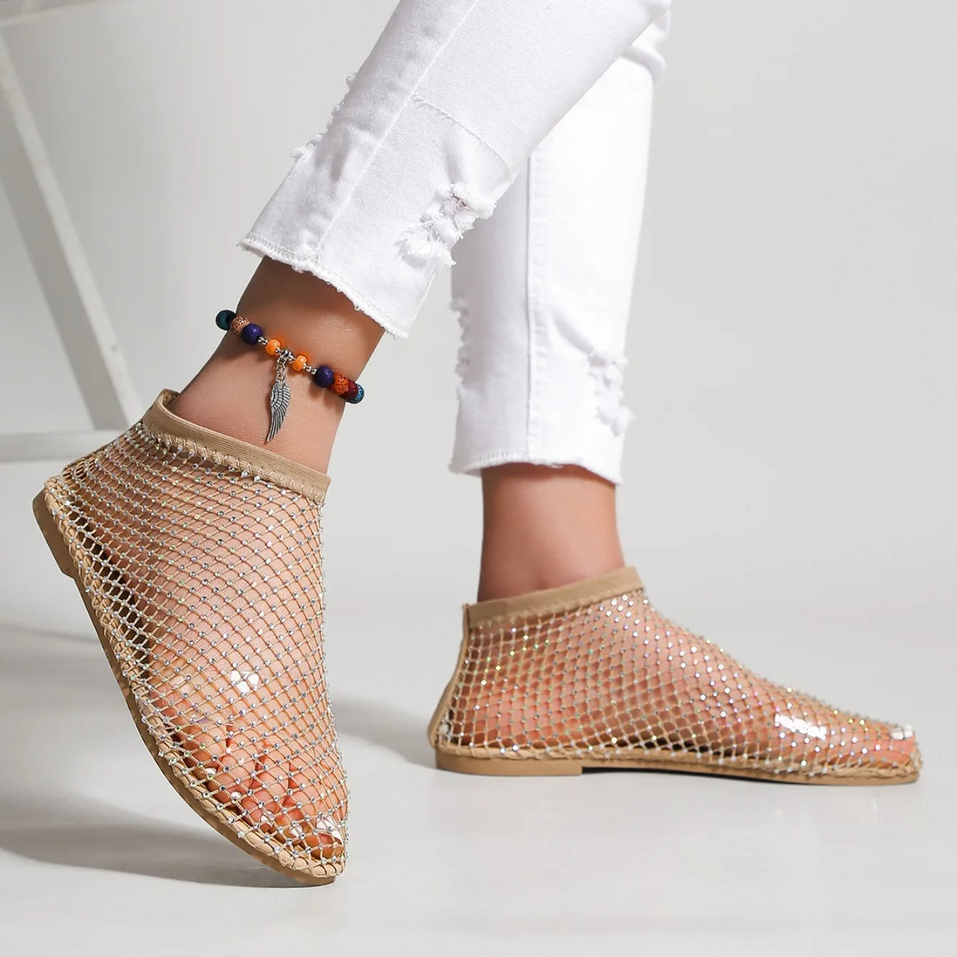Women's Round Toe Flat Bottom Sandals Hollow Short Boots Water Diamond Sexy Flats Bottom Shoes Luxury Shoes Women