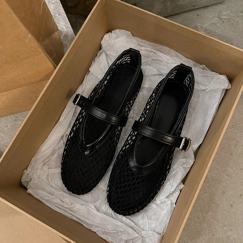 Summer, Wear Round Toe, Straight Buckles, Casual and Comfortable, Women's Flats, Cut-out Mary Jane Single Shoes, fishnet Shoes