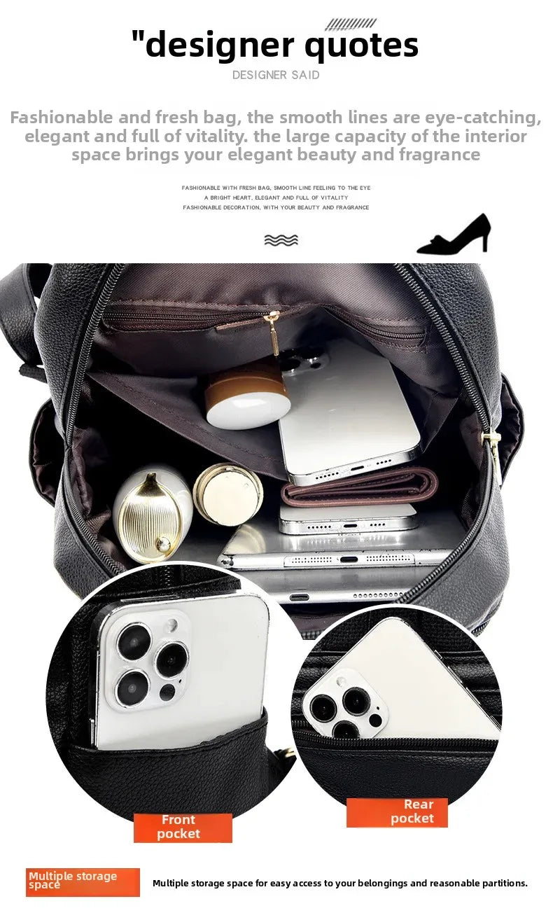 Soft Leather Dual-Shoulder Bag Student Backpack Travel Versatile Women's Bag