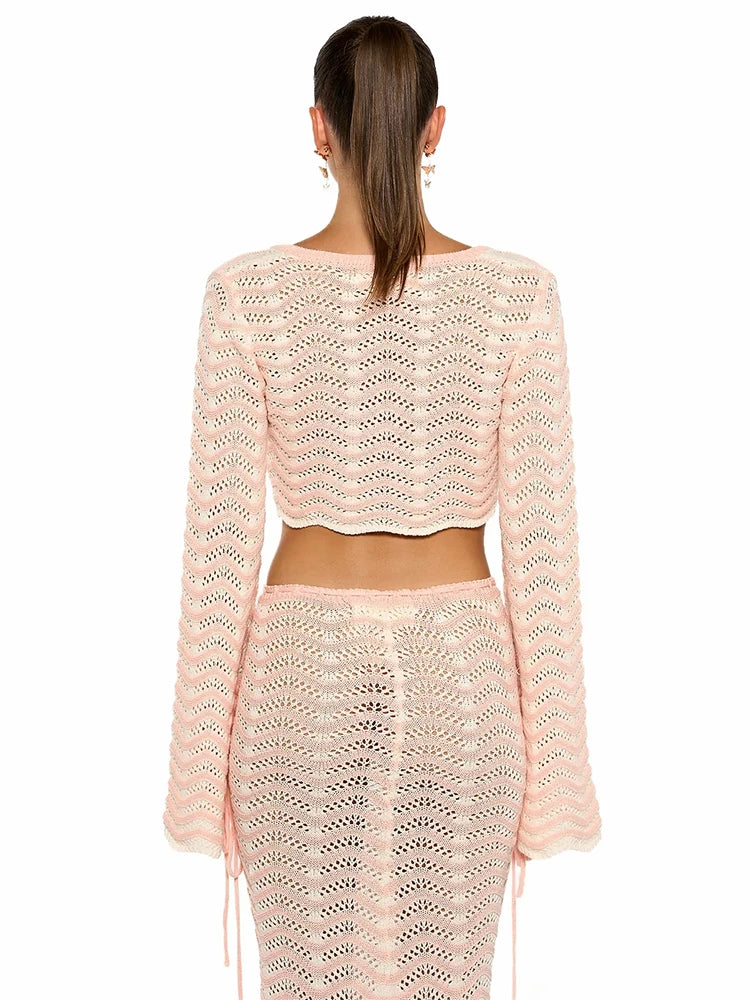 Sexy Knit V-neck Long Sleeve Lace-up Top Beach Half Skirt Two-piece Summer Women's Casual Outfit Swimsuit Cover Up Set