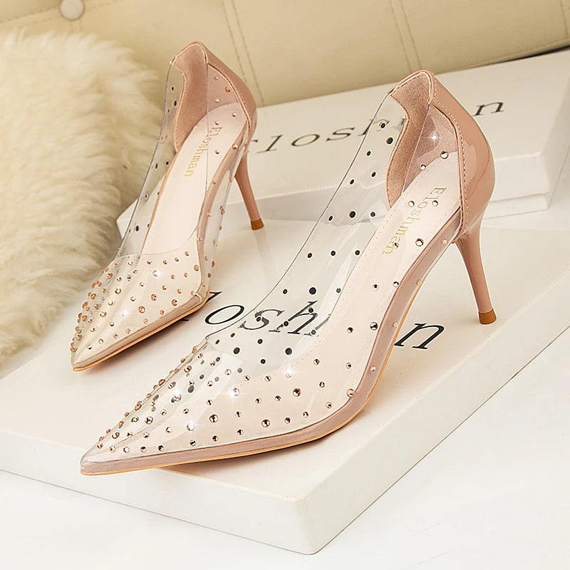 Spring Luxury Women 7cm Pencil High Heels Wedding Pumps Diamond Clear Rose Gold Pumps Silver Pumps Formal Bridal Shoes