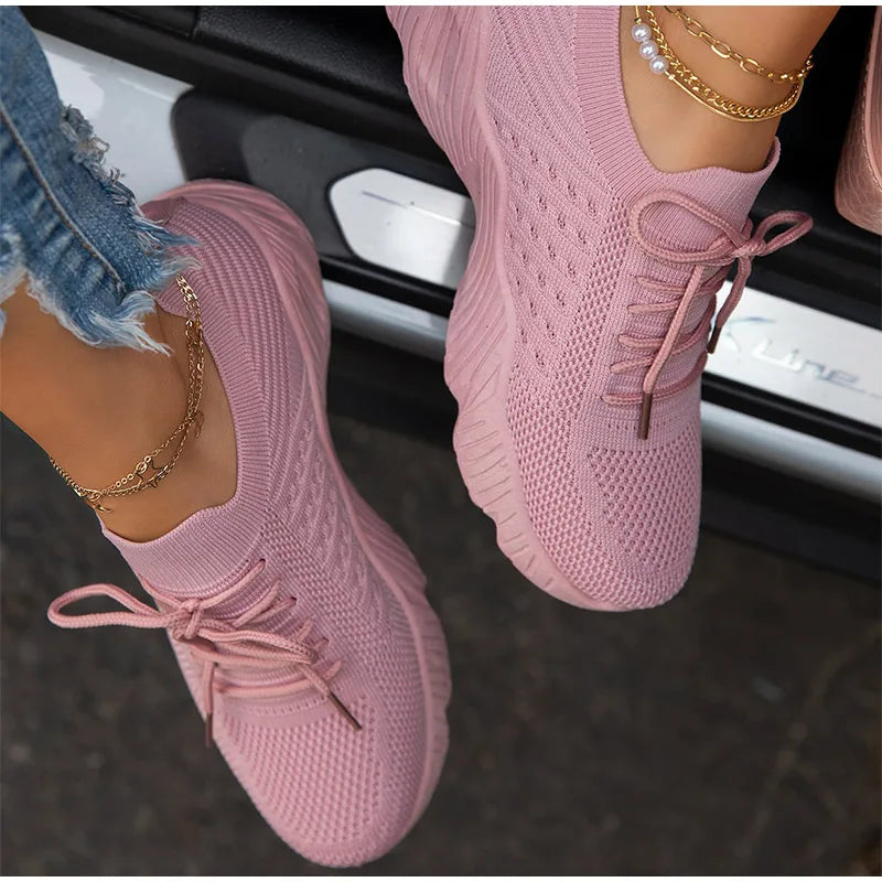 Outdoor Breathable Mesh Shoes Women Lightweight Shock-absorbing Sports Shoes Solid Color Plus Size Women Vulcanized Shoes