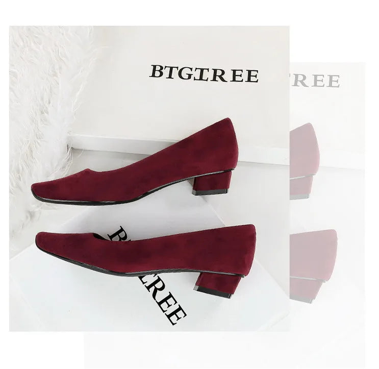 Women Fashion Style Quality Square Toe Low Heel Pumps Lady Prom Suede Shallow Mouth Thick High OL Single Shoes