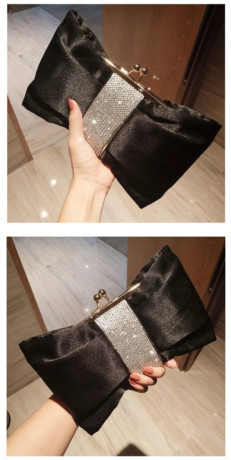 Bow women Cutch bag Luxury Party Satin Diamond Ladies Evening Bag lady Clutches small Chain messenger bags female wallet black