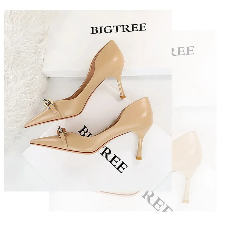 Elegant Women Pumps Metal Button Kitten Heels Women Shoes Stiletto Banquet Shoes Pointed High Heels