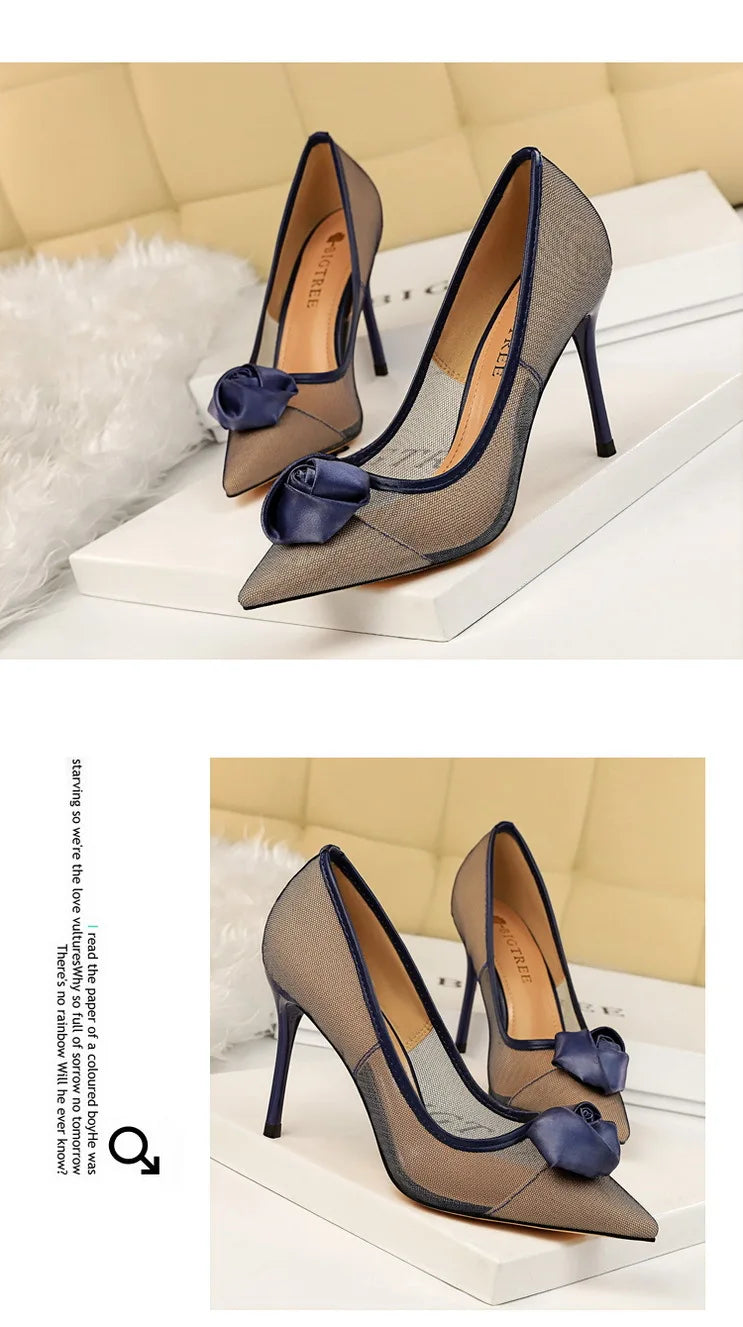 Women's Sexy Nightclub Pole Dancing Show Thin Heels High Mesh Hollowed Out Satin Rose Flower Woman Pumps