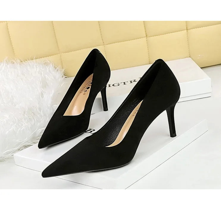 Suede Black Women Pumps High Heels Pointed Toe Women Heels 7Cm Ladies Shoes Office Shoes