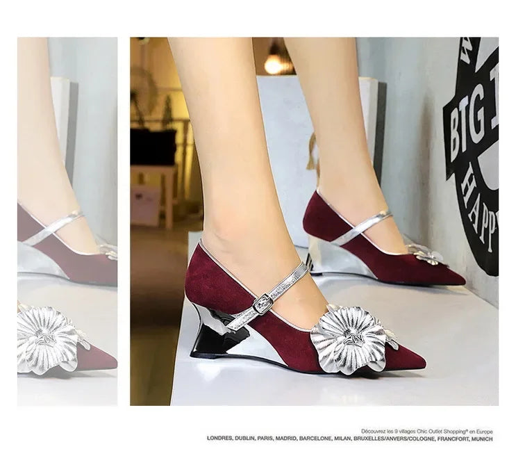 Metal Wedges 6 cm Women Pumps Flower Design High Heels Suede Sexy Party Shoes Buckle Ladies Shoes Women Wedges