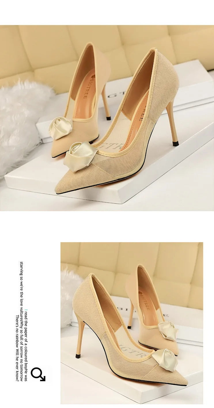 Women's Sexy Nightclub Pole Dancing Show Thin Heels High Mesh Hollowed Out Satin Rose Flower Woman Pumps