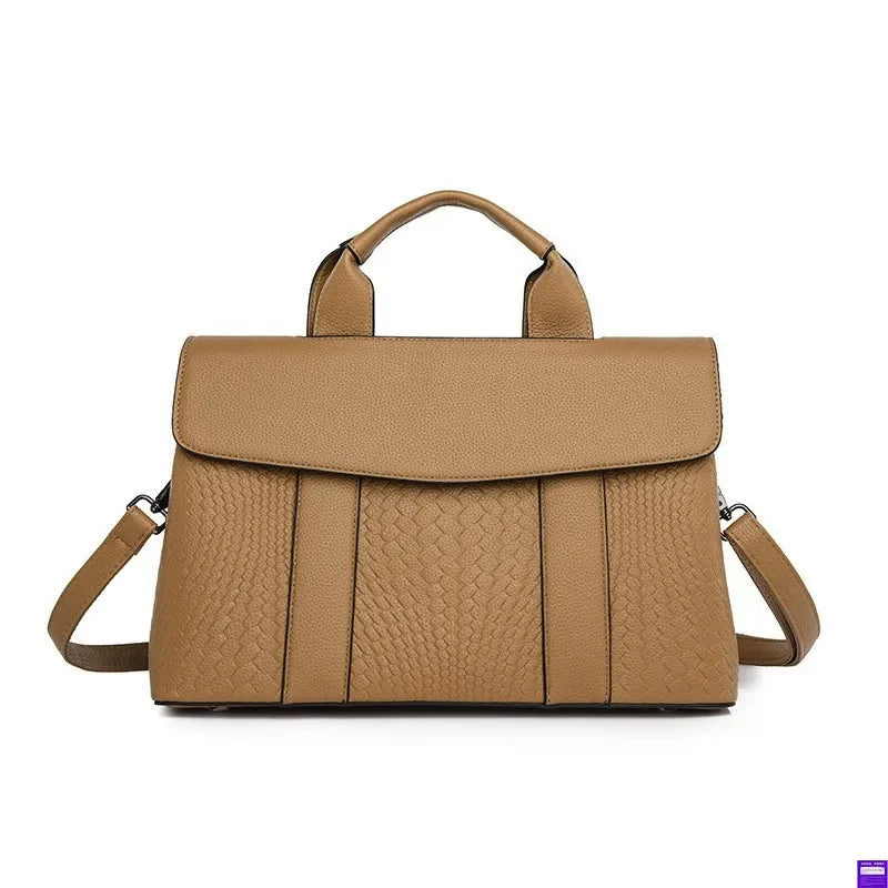 Large Capacity Ladies Handbag Fashion Woven Pattern Shoulder Bag Vintage Style Polyester Lining Soft PU Leather Material Commuter Bag