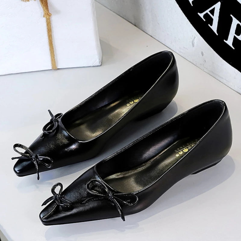 Pointed End Low Heeled Shoes Women Wedges Bowknot Low Heels Pumps Elegant Banquet Shoe Kitten Heels Ladies Shoes