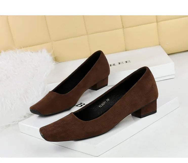 Women Fashion Style Quality Square Toe Low Heel Pumps Lady Prom Suede Shallow Mouth Thick High OL Single Shoes
