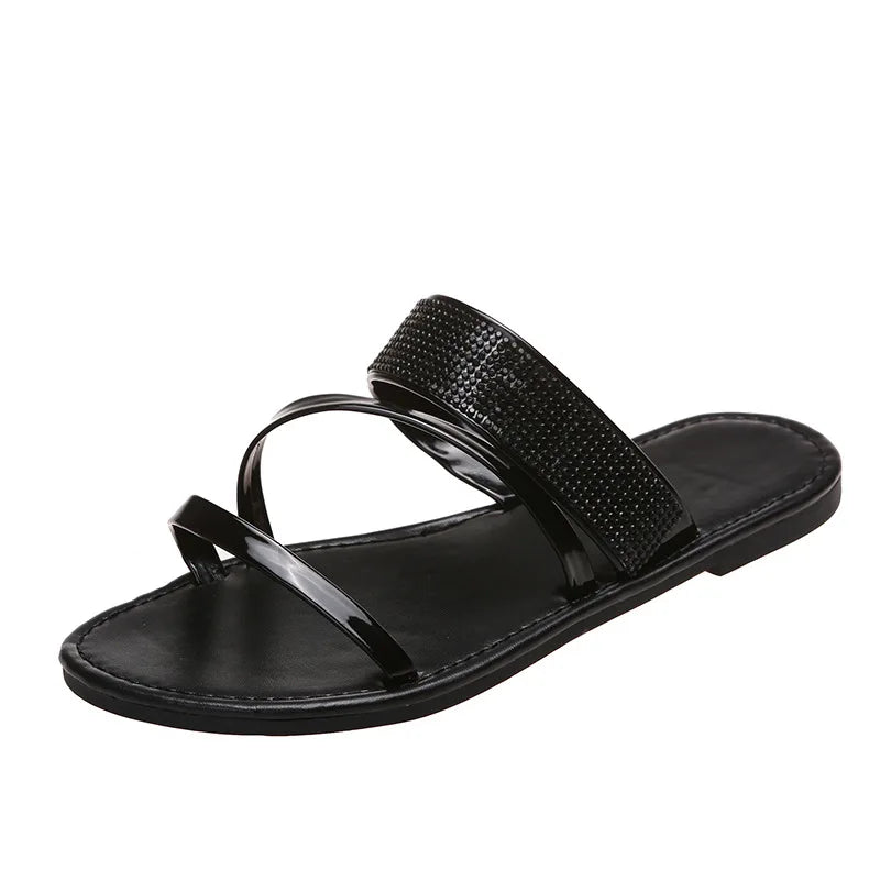 Women's Fashion Patent Leather Flat Heel Sandals Bling Rhinestone Narrow Band Beach Casual Slippers