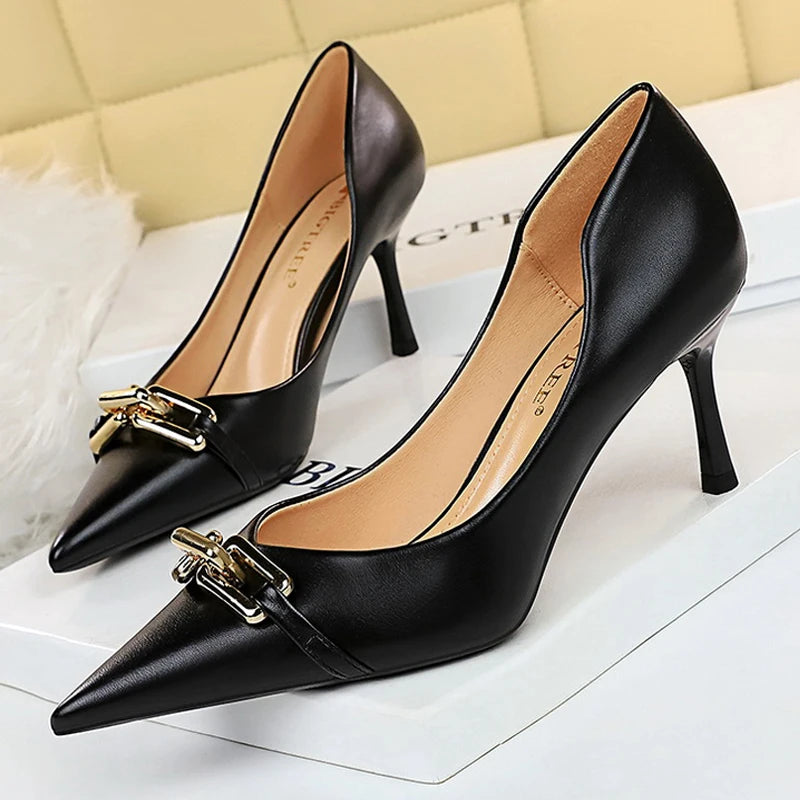 Elegant Women Pumps Metal Button Kitten Heels Women Shoes Stiletto Banquet Shoes Pointed High Heels