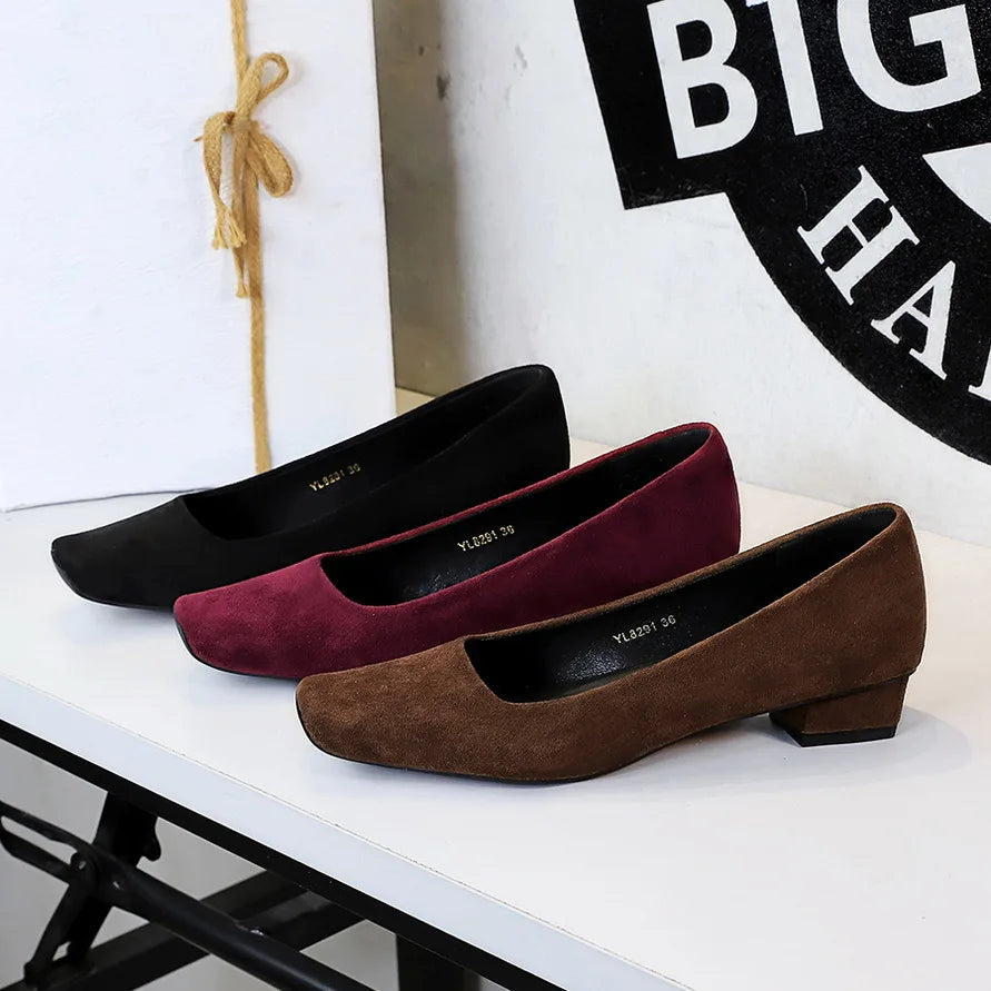 Women Fashion Style Quality Square Toe Low Heel Pumps Lady Prom Suede Shallow Mouth Thick High OL Single Shoes