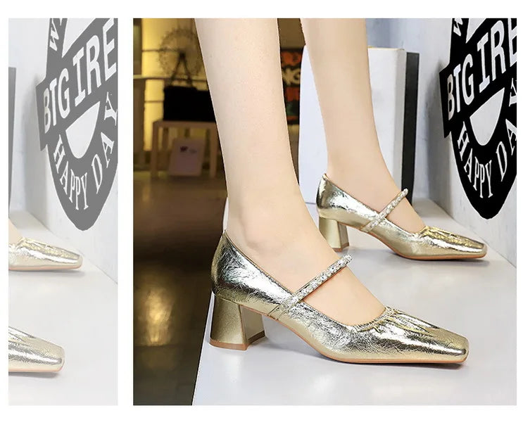 Heels Women Fashion CRYSTAL Pearl Pumps Square Toe Stripper Elegant Party Square Heel Ladies Shoes