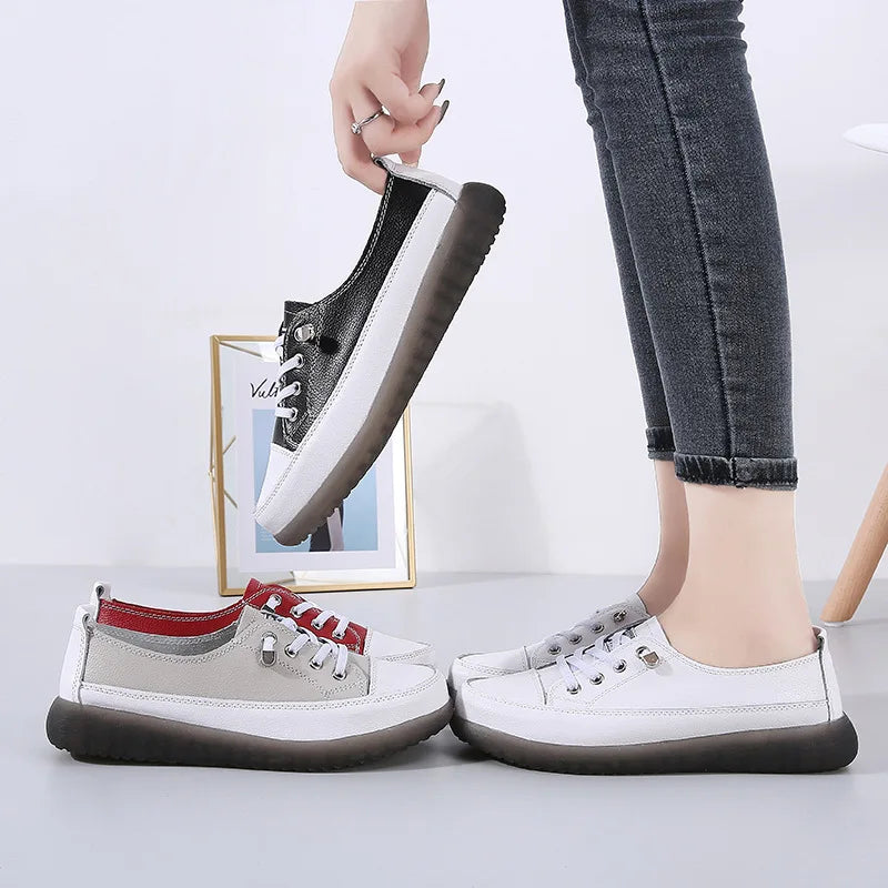 Genuine Leather Vulcanized Shoes Women Jogging Sneakers Woman Lace Up Flat Walking Trainers Fitness Cross-training