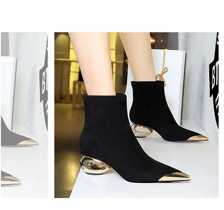 Street Style Fur Metal Hollow Heel Modern Faux Suede Short Boots for Women Metal Pointed Toe Low Heel Boots Female