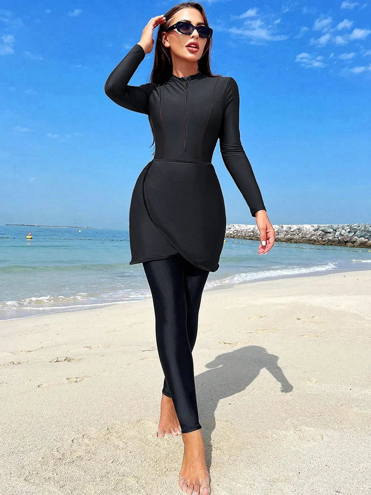 Muslim Swimwear Women Modest Patchwork Hijab Long Sleeves Sport Swimsuit 3pcs Islamic Burkinis Wear Bathing Suit