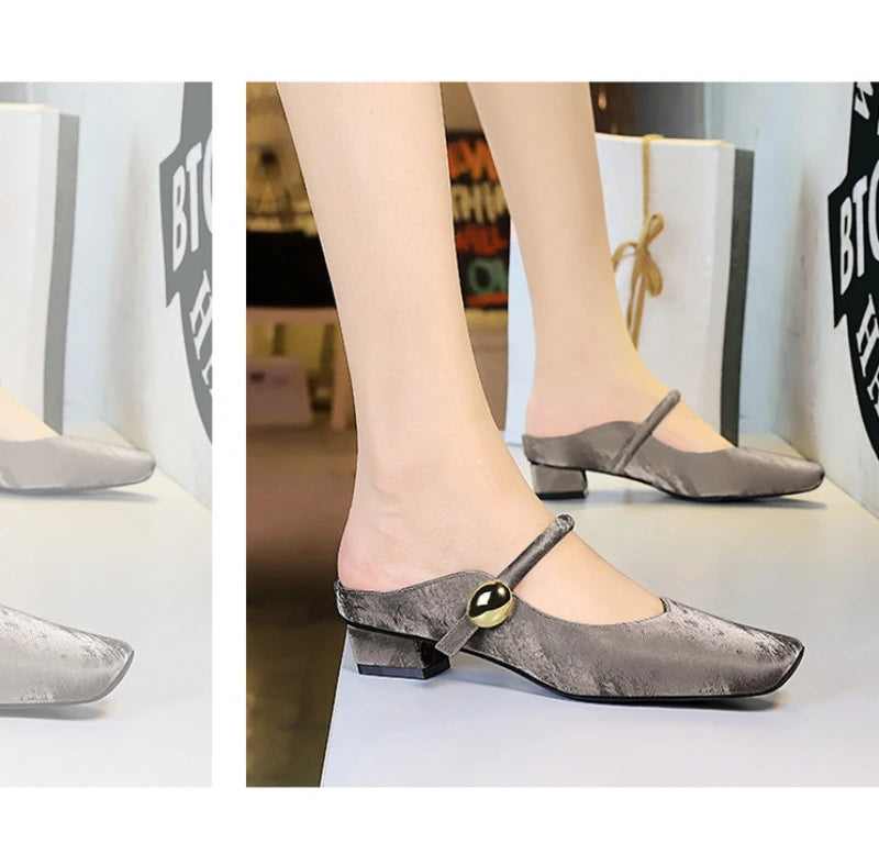 European Style Light-Mouthed Half-Slippers Women Wearing Thick Heels And Square-Toe Mary Jane Shoes One-Strap