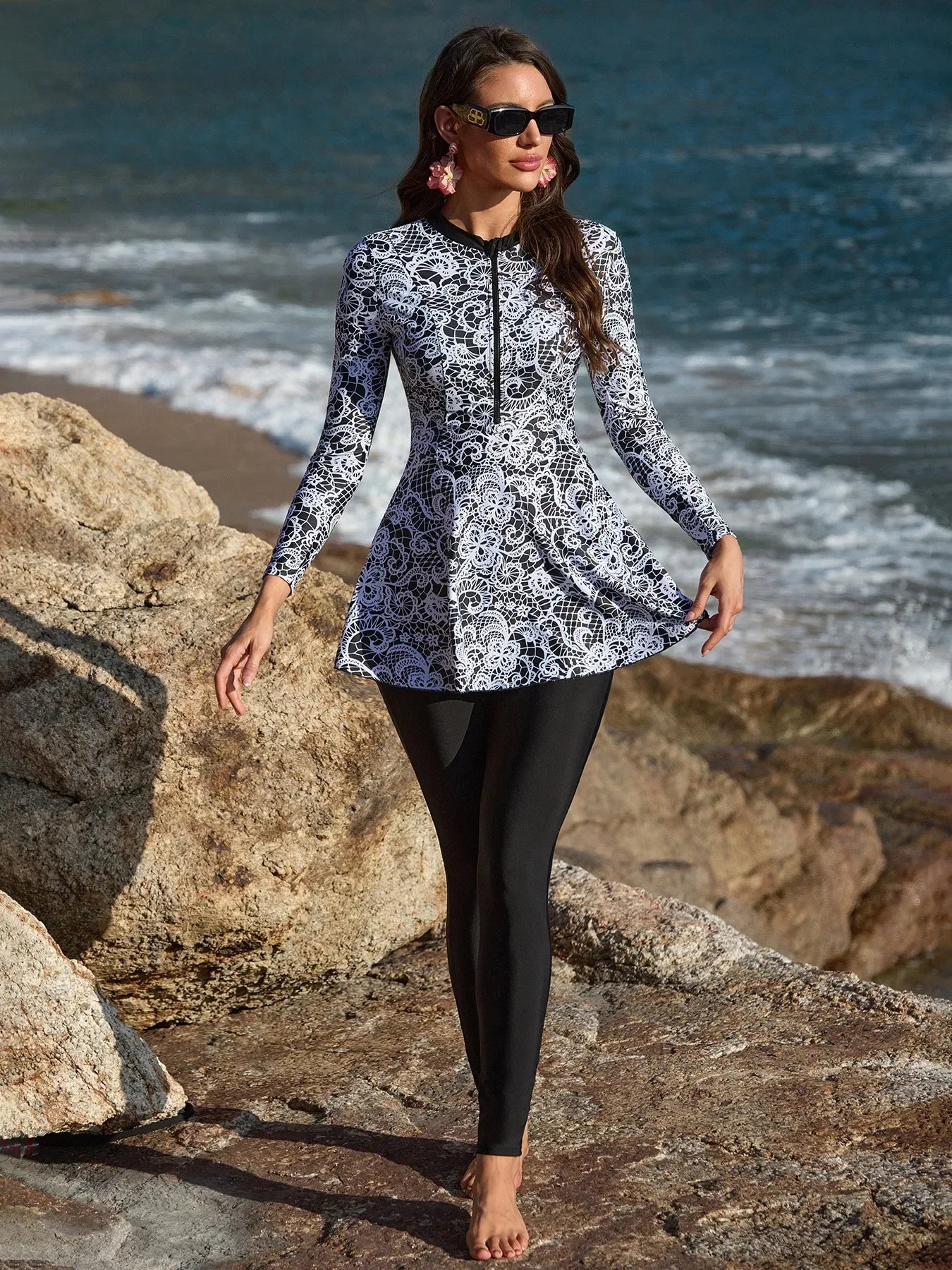 Plus Size Modest Burkini Femmes Muslim Islamic Swim Suit Swimwear Women Swimsuit Retro Style Pattern Design