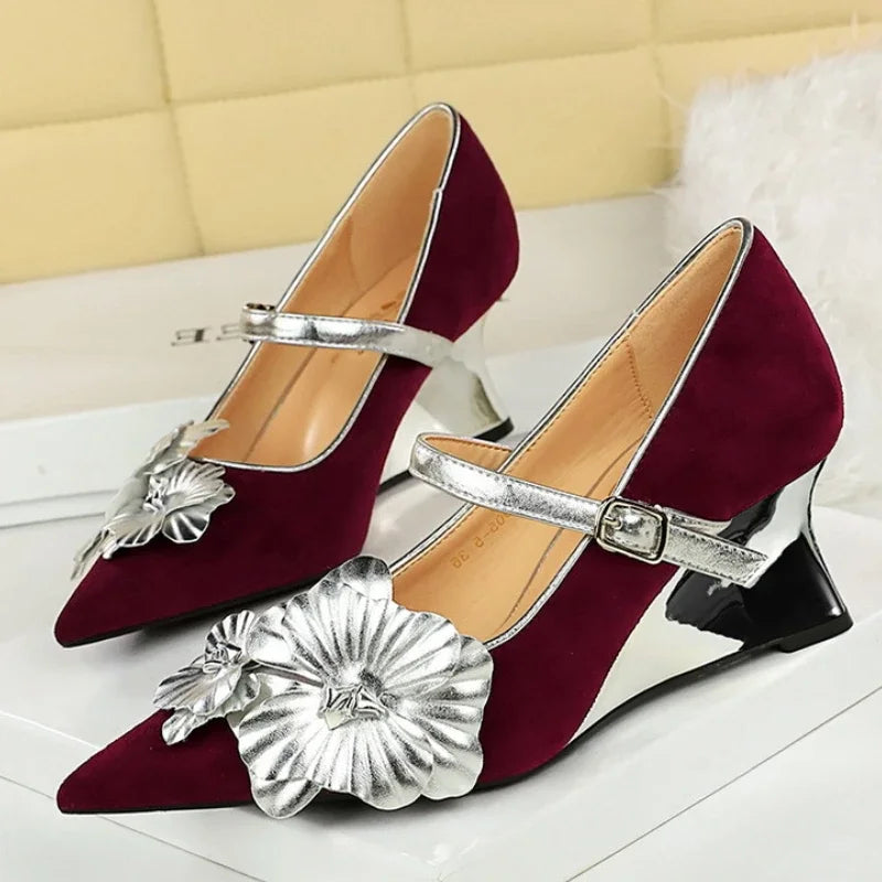Metal Wedges 6 cm Women Pumps Flower Design High Heels Suede Sexy Party Shoes Buckle Ladies Shoes Women Wedges