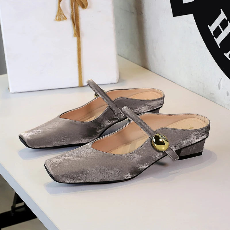European Style Light-Mouthed Half-Slippers Women Wearing Thick Heels And Square-Toe Mary Jane Shoes One-Strap