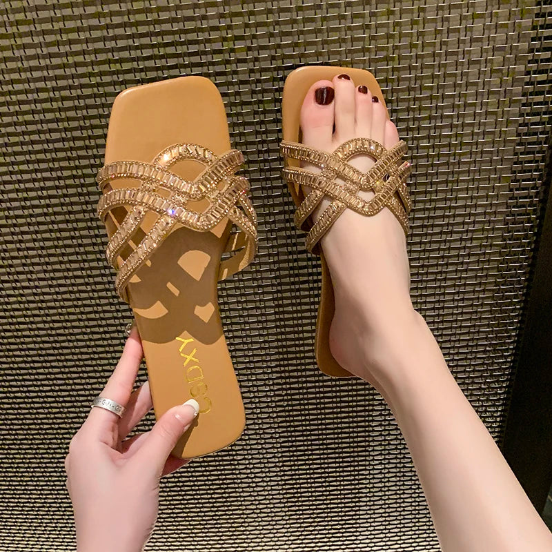 Slipper Women's Luxury Design Women Rhinestone Summer Flat Outdoor Fashion Ladies Slippers Casual Party