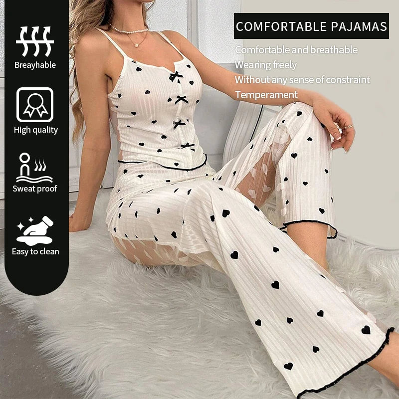 Women's 2-piece printed sleepwear semi transparent mesh casual printed vest elastic waist pants summer transparent mesh Pajama Suit