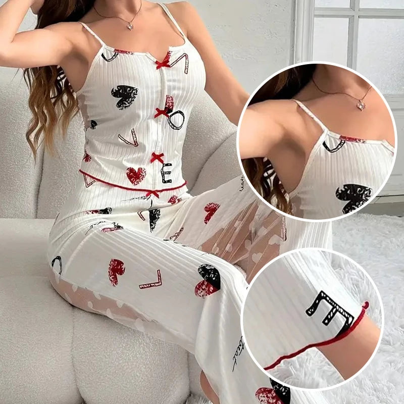 Women's 2-piece printed sleepwear semi transparent mesh casual printed vest elastic waist pants summer transparent mesh Pajama Suit