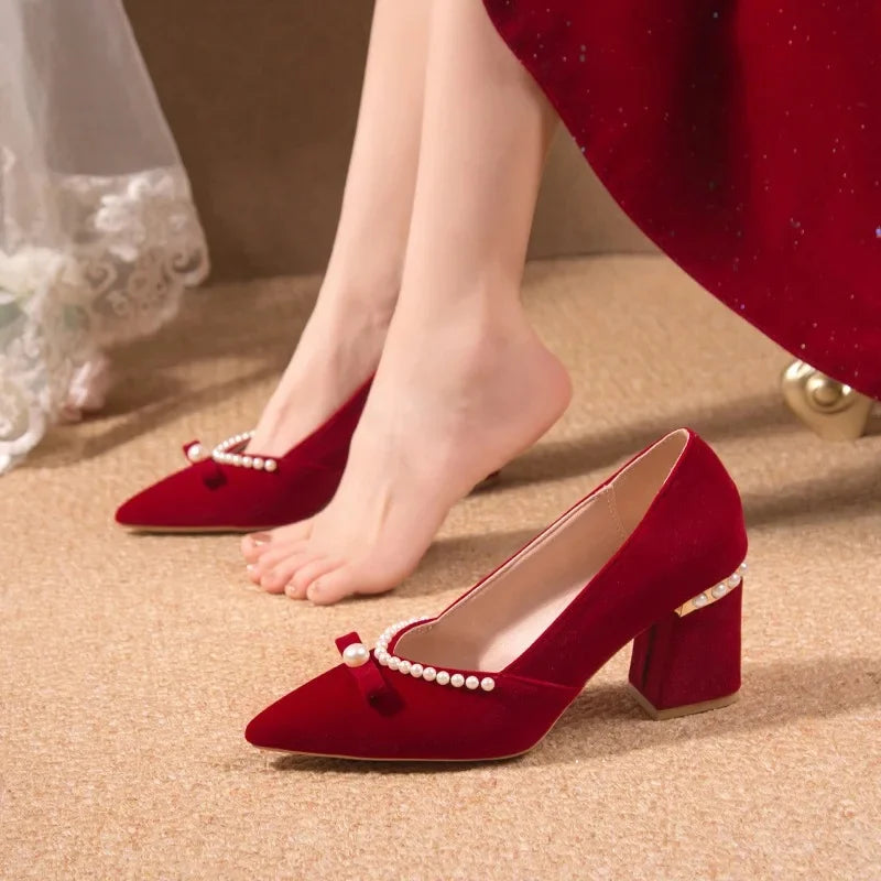 Women's Chunky Heel Pointed Toe Slip-On Shoes Wedding Dress Two-Way Wear Pearl Red Bridal Shoes Spring Autumn New Style