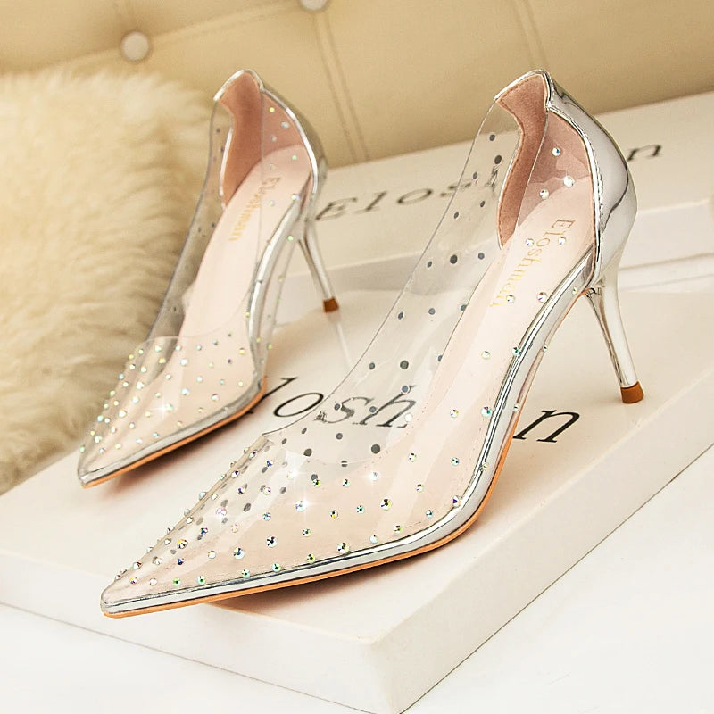 Spring Luxury Women 7cm Pencil High Heels Wedding Pumps Diamond Clear Rose Gold Pumps Silver Pumps Formal Bridal Shoes