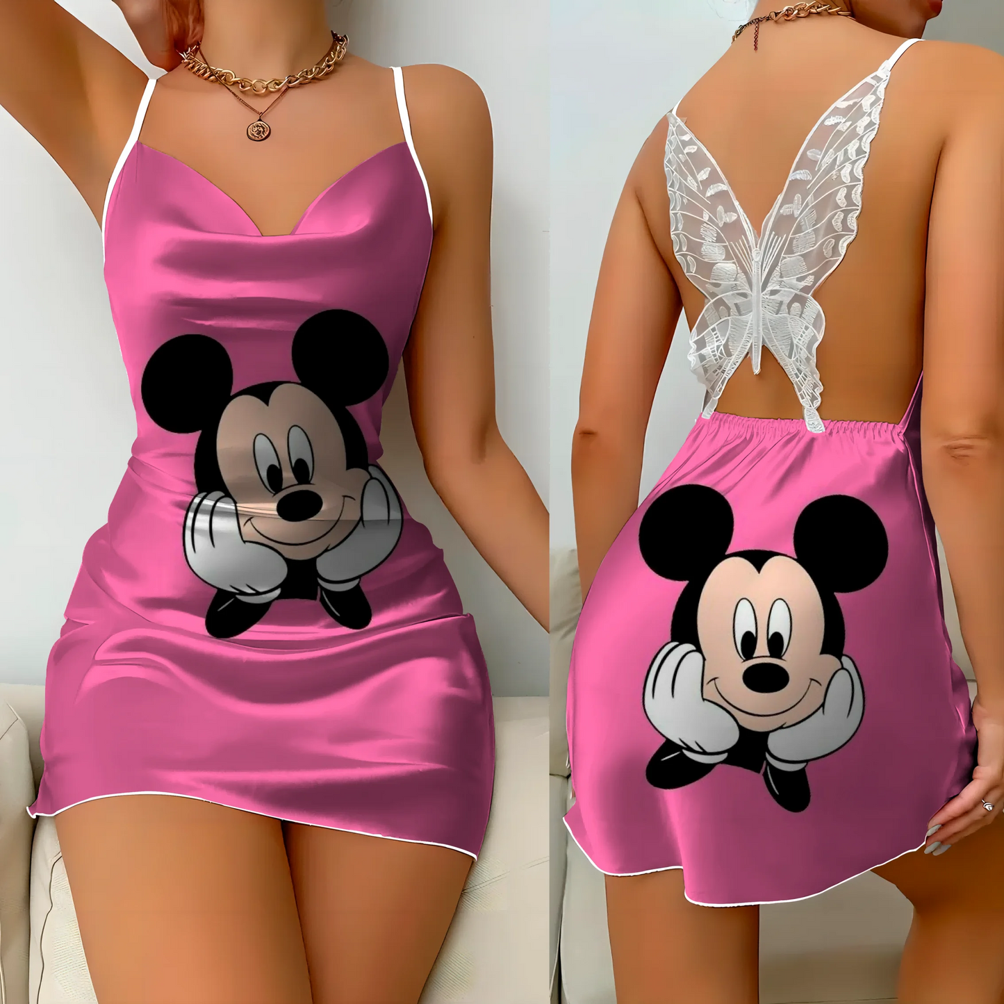 Mini Dress Pajama Skirt Bow Knot Party Dresses Satin Surface Minnie Mouse Disney Mickey Women Fashion Summer Elegant Women