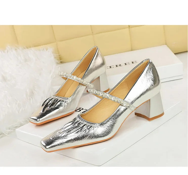 Heels Women Fashion CRYSTAL Pearl Pumps Square Toe Stripper Elegant Party Square Heel Ladies Shoes