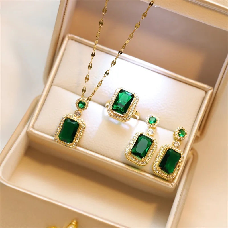 Women's Fashion Cubic Zirconia Necklace Earrings Ring Jewelry Set Girls Anniversary Wedding Valentine's Day Perfect Gift Natalia Home Fashion 50cm-CHINA-X287-green-resizable Natalia Home Fashion