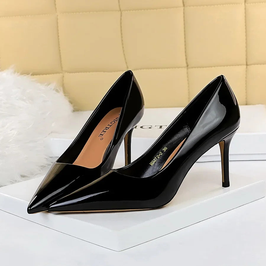 Women High Heels Scar pins Pumps Lady Glossy Leather Fetish Wedding Bridal Mid Low Heels Office Shoes