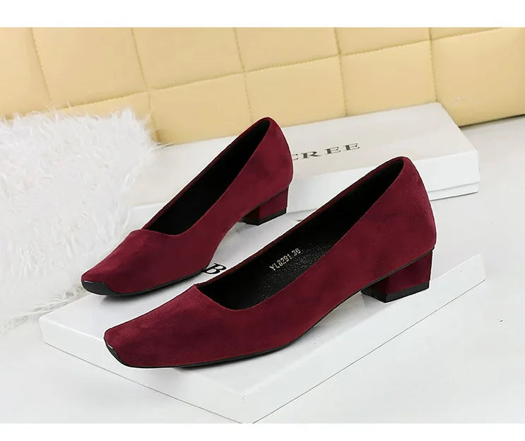 Women Fashion Style Quality Square Toe Low Heel Pumps Lady Prom Suede Shallow Mouth Thick High OL Single Shoes