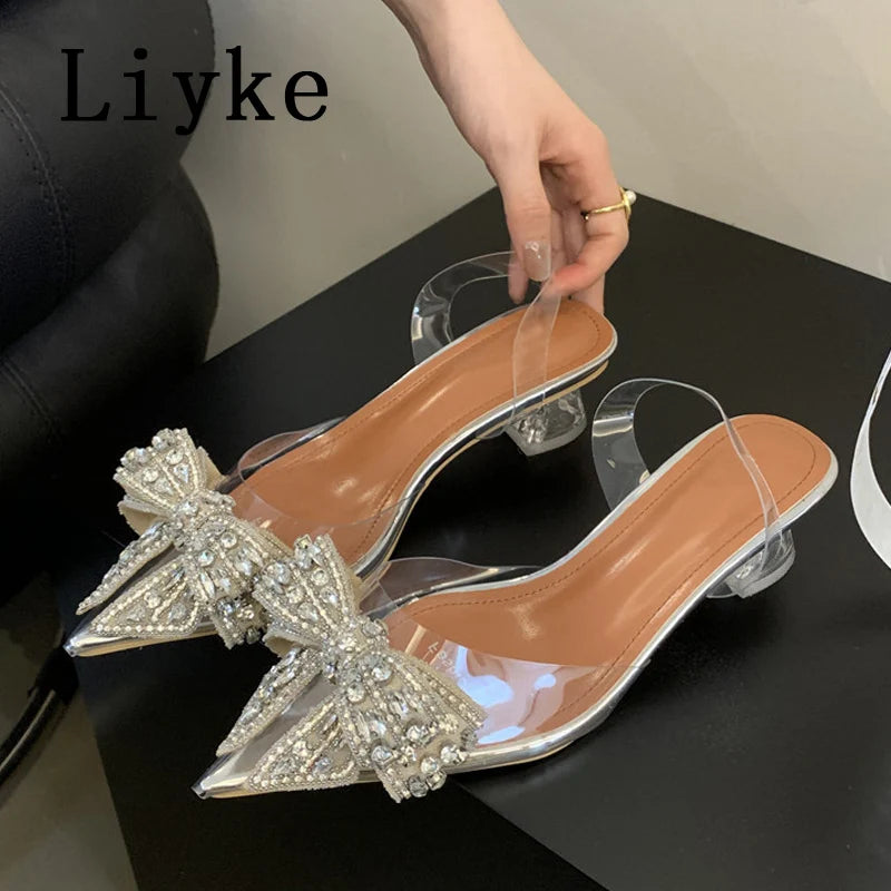 Fashion Design Crystal Bowknot Women Pumps Sexy Pointed Toe Clear High Heels Wedding Prom Shoes PVC Transparent Sandals