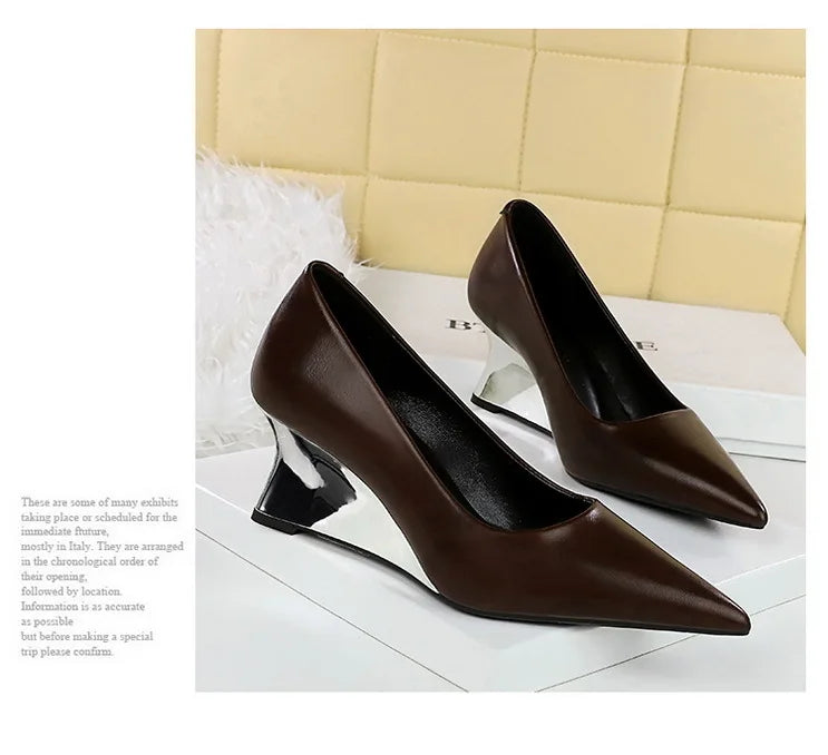 Spring Fashion Pointed Toe Pumps Woman Metal Decoration Wedges Heels Elegant Ladies Shoes