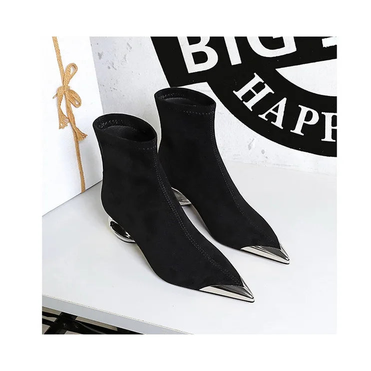 Street Style Fur Metal Hollow Heel Modern Faux Suede Short Boots for Women Metal Pointed Toe Low Heel Boots Female