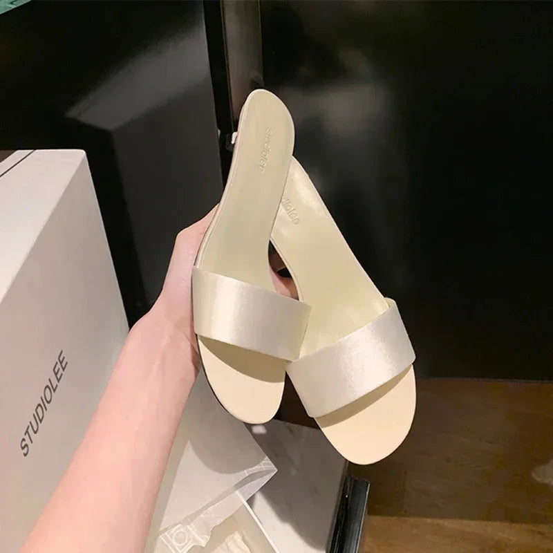 Summer High Quality Women's Shoes Fashion Open Toe Medium Heel Women's Slippers Solid Color Leather Women's High Heels