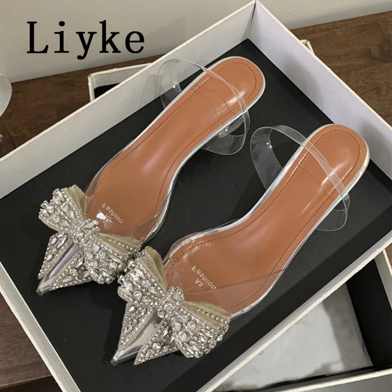 Fashion Design Crystal Bowknot Women Pumps Sexy Pointed Toe Clear High Heels Wedding Prom Shoes PVC Transparent Sandals